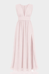 Blushing Pink V-Neck Bridesmaid Dress – Elegant Wedding Maxi Gown