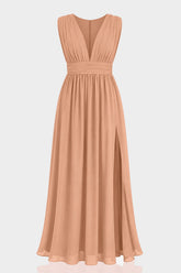 Bronzer Heaven V-Neck Bridesmaid Dress – Elegant Warm Metallic Maxi Gown
