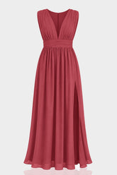 Burgundy Heaven V-Neck Bridesmaid Dress – Elegant Formal Maxi Gown