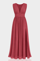 Burgundy Heaven V-Neck Bridesmaid Dress – Elegant Formal Maxi Gown