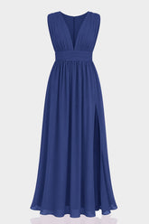 Dark Navy V-Neck Bridesmaid Dress – Elegant Formal Maxi Gown