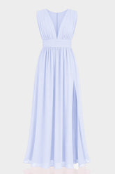 Chiffon Ice Blue V-Neck Bridesmaid Dress – Elegant Maxi Gown