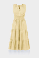 Champagne Sleeveless Cotton Poplin Midi Dress – Smocked Waist Work Dress