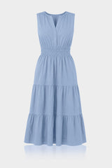 Steel Blue Cotton Poplin Midi Dress for Women – Elegant Daytime Dress