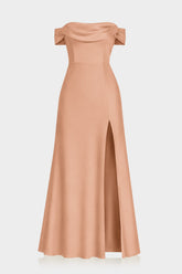 Classic Luxury Desert Sand Satin Bridesmaid Maxi Dress with Convertible Neckline