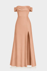 Classic Luxury Desert Sand Satin Bridesmaid Maxi Dress with Convertible Neckline