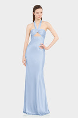 Powder Blue Matte Satin Front Cut Out Halter Maxi Dress - Contemporary Designer Dress