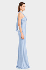 Powder Blue Matte Satin Front Cut Out Halter Maxi Dress - Contemporary Designer Dress