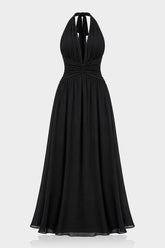 Black Halter V-Neck Chiffon Bridesmaid Maxi Dress – Floor Length Formal Gown