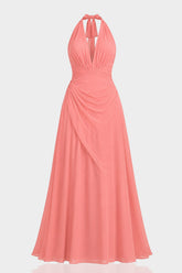 Coral Chiffon Halter V-Neck Bridesmaid Maxi Dress with Flowing A-Line Skirt