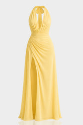Butter Yellow Chiffon V-Neck Bridesmaid Maxi Dress with Side Slit