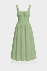 Contemporary Sage Linen Square Neck Midi Dress – Garden Party Dress for Women