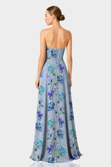 Sky Blue Floral Strapless Maxi Dress with Slit