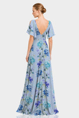 Hydrangea Floral Chiffon Cold Shoulder Dress