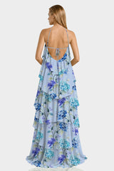 Hydrangea Print Layered Halter Maxi Dress