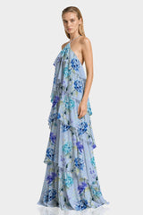 Hydrangea Print Layered Halter Maxi Dress