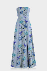 Sky Blue Floral Strapless Maxi Dress with Slit