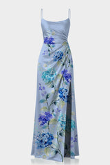 Hydrangea Print Satin Slip Maxi Dress