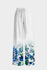 Blue Botanical Summer Trousers with Drawstring Waist and Relaxed Resort Fit