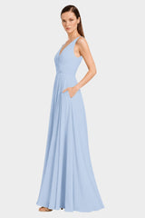 Powder Blue Ruched V-Neck Chiffon Fit-and-Flare Dress