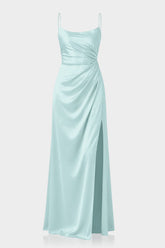 Aqua Green Square Neckline Draped Satin Maxi Dress