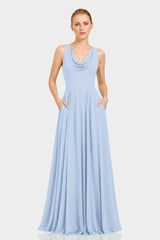 Powder Blue Cowl Neck Chiffon A-Line Maxi Dress