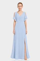 Powder Blue Chiffon Cold Shoulder Maxi Dress