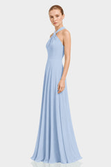 Powder Blue Chiffon Twist Halter Maxi Dress