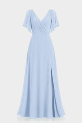 Powder Blue Chiffon Cold Shoulder Maxi Dress