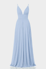 Powder Blue Plunge Neck Chiffon Maxi Dress