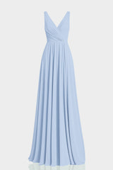 Powder Blue Ruched V-Neck Chiffon Fit-and-Flare Dress