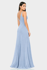 Powder Blue Plunge V-Neck Satin Maxi Dress
