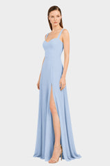 Powder Blue Sweetheart Satin Maxi Dress with Side Slit