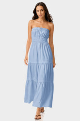 Elegant Powder Blue Flowy Cotton Maxi Dress with Tiered Detailing