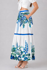 Blue Floral High Waisted Tiered Maxi Skirt with Pockets and Tie Waist