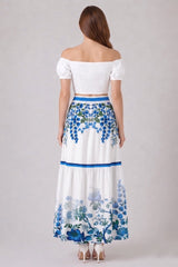 Blue Floral High Waisted Tiered Maxi Skirt with Pockets and Tie Waist