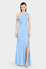 Elegant Sky Blue One Shoulder Gathered Stretch Satin Maxi Dress for Beach Weddings
