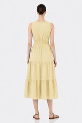 Champagne Sleeveless Cotton Poplin Midi Dress – Smocked Waist Work Dress