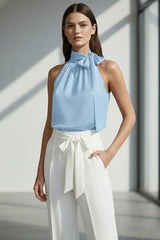 Sleeveless Silk Tie-Neck Blouse in Powder Blue