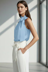 Sleeveless Silk Tie-Neck Blouse in Powder Blue