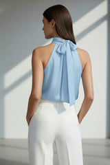 Sleeveless Silk Tie-Neck Blouse in Powder Blue