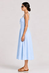 Sky Blue Linen Corset Midi Dress with Square Neckline – Bridal Shower Dress