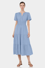 Steel Blue Tiered Midi Dress with Elastic Waist – Resort Wear Midi Dress