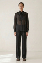 Black Sheer Organza Bow Tie-Neck Shirt
