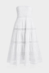 Convertible White Cotton Voile Corset Midi Dress with Guipure Lace – Off-Shoulder Tiered Skirt Dress
