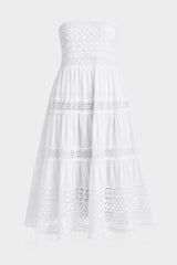 Convertible White Cotton Voile Corset Midi Dress with Guipure Lace – Off-Shoulder Tiered Skirt Dress