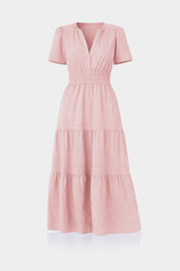 Blush Pink Smocked Waist Midi Day Dress for Women