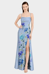Hydrangea Floral Print Satin Convertible Maxi Dress