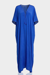 Cobalt Blue Lace-Up V-Neck Kaftan Maxi Dress