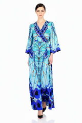 Blue Wrap Maxi Dress with Long Sleeves
